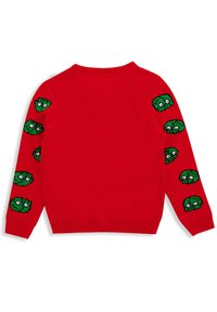 Czerwony sweter dzianinowy z zielonymi, haftowanymi na obu rękawach twarzami w stylu kreskówkowym. Okrągły dekolt oraz ściągacze przy mankietach i dolnej krawędzi.
