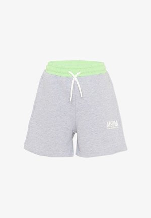 Lichtgrijze shorts met een neon groene elastische tailleband en een witte trekkoord, met een klein wit MSGM-logo op het linkerbeen.