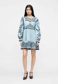 Femeie în picioare, purtând o rochie albastru deschis cu modele florale negre brodate și mâneci lungi bufante, asortată cu pantofi cu toc maro închis.