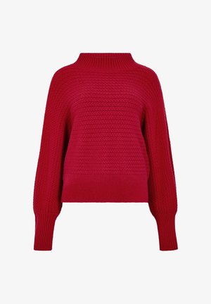 Roter gestrickter Pullover mit hohem Kragen, der ein strukturiertes Muster und Rippbündchen sowie einen Rippabschluss aufweist. Kurzer, lässiger Schnitt.