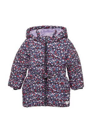 Manteau matelassé pour enfants bleu marine avec imprimé floral rouge et blanc, capuche, fermeture éclair à l'avant, ceinture à la taille et doublure intérieure douce violette.