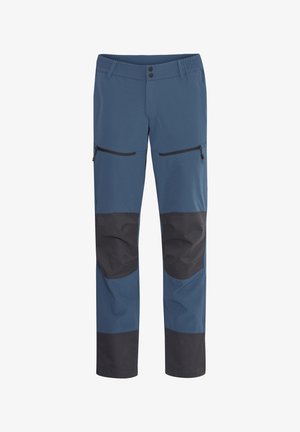 Pantaloni da esterno blu con accenti neri, dotati di una vita a doppio bottone, due tasche con zip e rinforzi sui ginocchi per una maggiore durata.