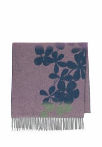 Sciarpa intrecciata viola con motivo floreale blu scuro e accenti di foglie verdi. Presenta dettagli frangiati lungo il bordo inferiore.