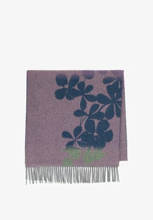 Lila geflochtenes Tuch mit dunkelblauem Blumenmuster und grünen Blataccenten. Mit Fransenverzierung entlang des unteren Randes.