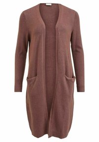 Brun lång cardigan med öppen front, ribbstickade muddar och fåll samt två framfickor. Tillverkad av mjukt, stickat tyg.