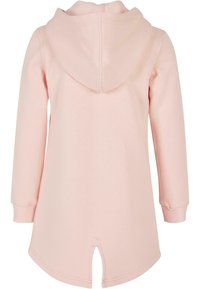 Ljusrosa hoodie med långa ärmar, tillverkad av mjukt material. Har en rundad nederkant och en ventilationsdetalj på ryggen för ökad rörelsefrihet.
