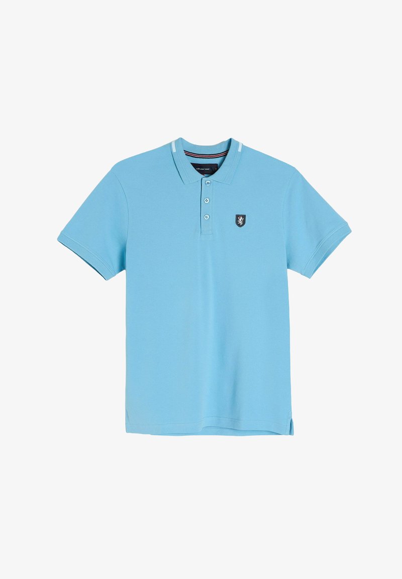 Koszulka polo w jasnoniebieskim kolorze z bawełny, z trzykrotnym zapięciem na guziki, krótkimi rękawami oraz małą haftowaną naszywką z logo na piersi.