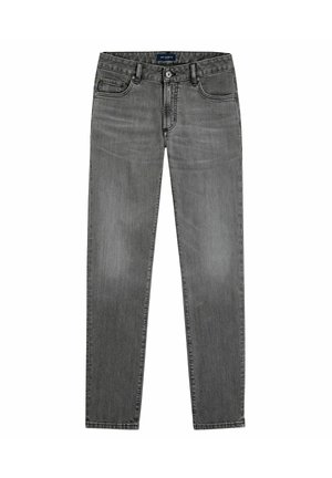Jeans en denim gris avec une coupe classique, cinq poches et un léger dégradé. Présente une fermeture à bouton et des passants de ceinture.