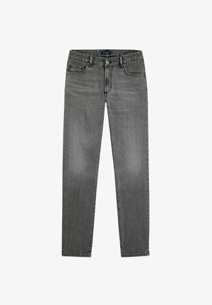 Gray denim jeans with a classic fit, five pockets, and subtle fading. Features a button closure and belt loops.