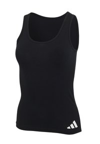 Μαύρο αμάνικο αθλητικό τοπ με στρογγυλεμένο λαιμόκοψη και λευκό λογότυπο Adidas κοντά στο κάτω στρίφωμα στην αριστερή πλευρά.