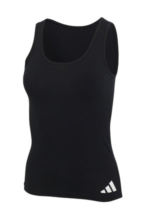 Zwarte mouwloze sporttop met ronde hals en wit Adidas-logo aan de onderkant aan de linkerkant.