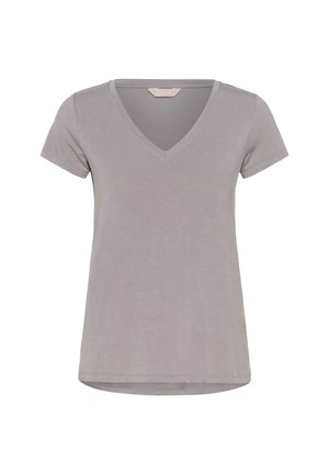 Gray short-sleeve V-neck t-shirt in a soft, lightweight fabric with a relaxed fit and a curved hem. Minimalist design with no patterns or accents.