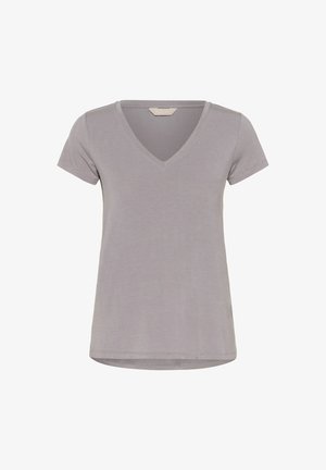 Harmaa lyhythihainen V-painike t-paita pehmeästä, kevyestä kankaasta rentoa istuvuutta ja kaarevaa helmaa. Minimalistinen muotoilu ilman kuvioita tai yksityiskohtia.