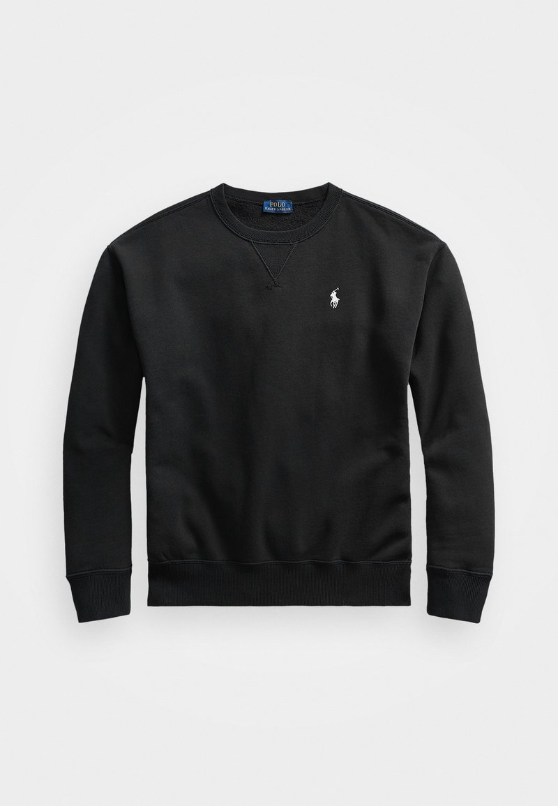 Sweat-shirt noir à col rond, manches longues, poignets et ourlet côtelés, avec un petit logo blanc Polo Ralph Lauren sur la poitrine gauche.