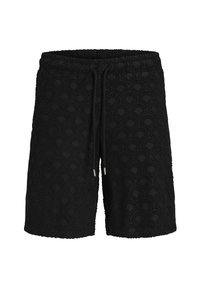 Black shorts with a textured pattern resembling overlapping arches, featuring an elastic waistband with a drawstring for adjustable fit.