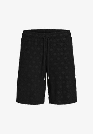 Black shorts with a textured pattern resembling overlapping arches, featuring an elastic waistband with a drawstring for adjustable fit.