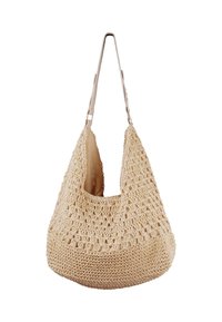 Beige háčkovaná taška na rameno s otevřeným pletením, uvolněným tvarem a jedním nastavitelným popruhem. Hladká podšívka v interiéru.