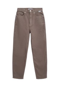 Brown denim jeans with a relaxed fit, five pockets, and contrasting stitching. Features a button and zipper closure, with a standard waistband.