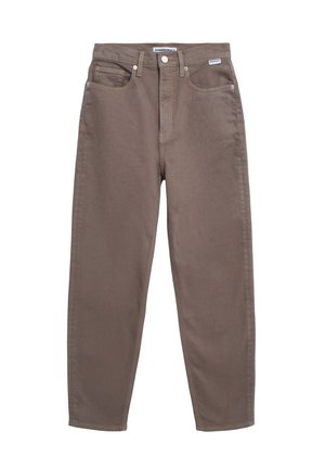 Brown denim jeans with a relaxed fit, five pockets, and contrasting stitching. Features a button and zipper closure, with a standard waistband.