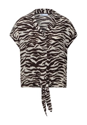 Kortærmet skjortebluse med knapper, sort og hvid zebra print og bindedetalje ved kanten.