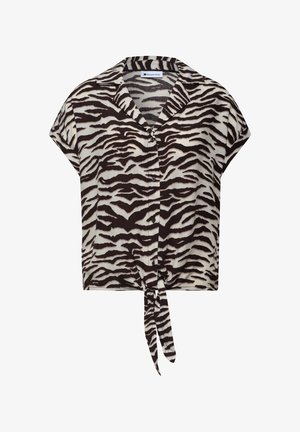 Kortærmet skjortebluse med knapper, sort og hvid zebra print og bindedetalje ved kanten.