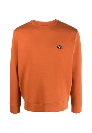 Felpa arancione a maniche lunghe con collo a giro e polsini e orlo a coste, con una piccola toppa con logo bianco e nero sul petto a sinistra.