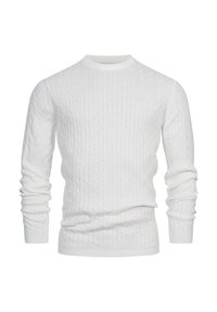 Weißer Strickpullover mit Rundhalsausschnitt, langen Ärmeln, gerippten Bündchen und Saum, mit durchgehend strukturiertem Muster im Stoff.