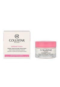 Collistar Idroattiva+ Deep Moisturizing Cream in a clear glass jar with a pink lid, next to a white box featuring black and pink text.