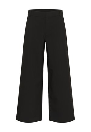 Sorte bukser med vide ben, bæltestropper, lynlåslukning foran og en ren, skræddersyet finish mod en hvid baggrund.