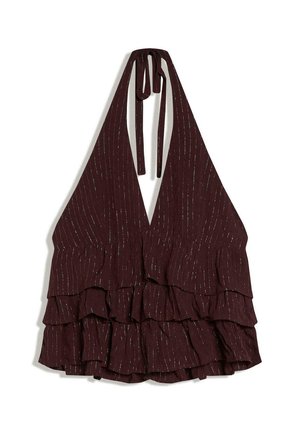 Haut dos nu bordeaux profond avec volants superposés et fines rayures métalliques verticales, noué au niveau du cou.