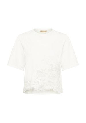 Blouse blanche à manches courtes avec encolure ronde et broderie en dentelle florale le long de l'ourlet inférieur.