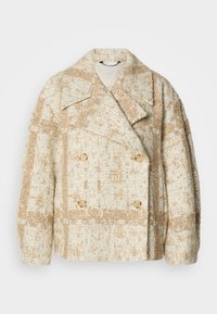 Bēša un krēmkrāsas, ar faktūru vilnas maisījuma dubultā breasted jūras kārklu mētelis ar platiem atlokiem un četriem pogām, garām piedurknēm un kastes formu.