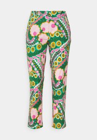 Pantaloni slim-fit con un vivace motivo floreale nei colori rosa, verde, giallo e bianco, caratterizzati da grandi e piccoli motivi di fiori circolari.