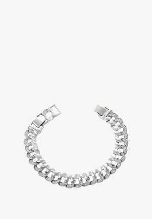 Silberne Kettenarmband mit großen, miteinander verbundenen Gliedern. Es hat abwechselnde Abschnitte aus glattem Metall und kleinen, eingelegten Edelsteinen. Sichere Verschlussklammer.