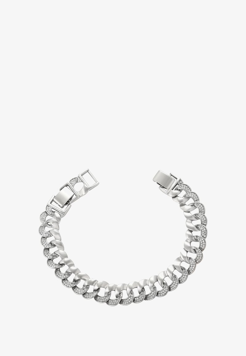 Stříbrný řetízkový náramek s velkými, propojenými články. Obsahuje střídající se sekce hladkého kovu a malých, zasazených drahokamů. Bezpečné zapínání.