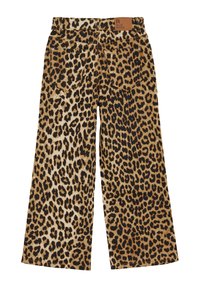 Traperice širokih nogavica s leopard uzorkom, s smešnim kožnim detaljem na struku i dva stražnja džepa, od teksturirane tkanine.