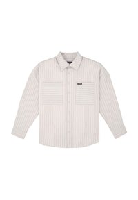 Lichtgrijze, langemouwen button-up shirt met verticale strepen. Voorzien van borstzakken en een klassieke kraag. Zachte stof met een ontspannen pasvorm.
