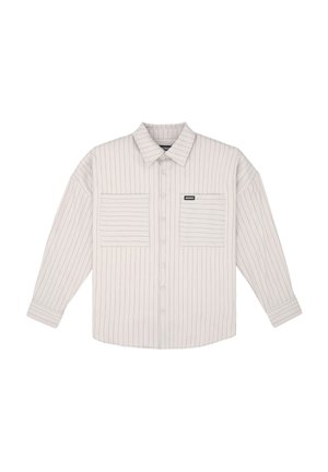 Light gray, long-sleeve button-up shirt with vertical stripes. Features chest pockets and a classic collar. Soft fabric with a relaxed fit.