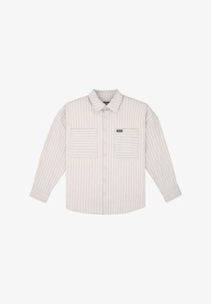 Light gray, long-sleeve button-up shirt with vertical stripes. Features chest pockets and a classic collar. Soft fabric with a relaxed fit.