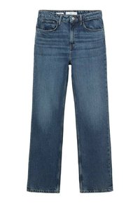 Vaqueros rectos de color azul oscuro, fabricados en denim, con diseño de cinco bolsillos, presillas para cinturón y cierre de botón. Sin desgaste visible ni adornos.