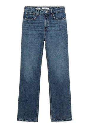 Mørkeblå straight-leg jeans lavet af denim, med fem lommer, bæltestropper og knaplukning. Ingen synlige slid eller pynt.