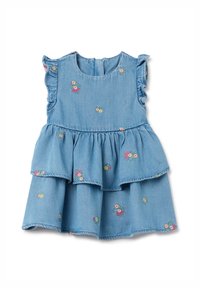 Blue denim dress with ruffled sleeves, tiered design, and floral embroidery in pink, yellow, and red. Features a round neckline and back closure.