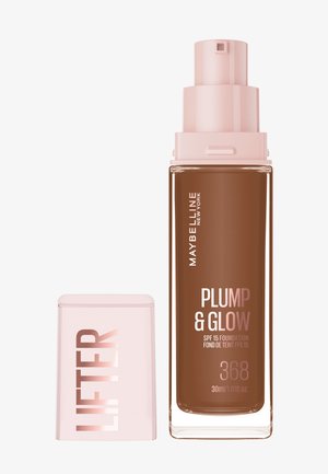 Maybelline Plump & Glow SPF 15 flydende foundation, nuance 368, med pink pumpe og matchende låg mærket "Lifter."