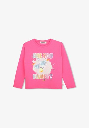 T-shirt à manches longues rose vif avec un mouton duveteux portant des lunettes en forme de cœur et le texte "Are you fluffy?" en lettres colorées.