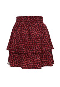 Rode rok met bloemenpatroon, voorzien van een elastische tailleband, uitlopende design en gelaagde ruches, gemaakt van lichtgewicht stof.