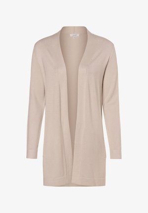 Béžový kardigan s otevřeným předním dílem vyrobený z měkkého pleteného materiálu. Má dlouhé rukávy, jemnou strukturu a dvě boční kapsy. Hladký povrch.