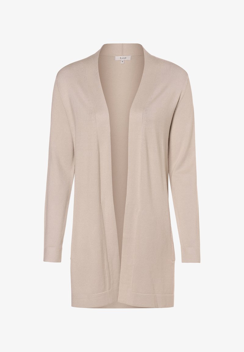 Cardigan beige à ouverture frontale en matériau tricot doux. Présente des manches longues, une texture subtile et deux poches latérales. Fini lisse.
