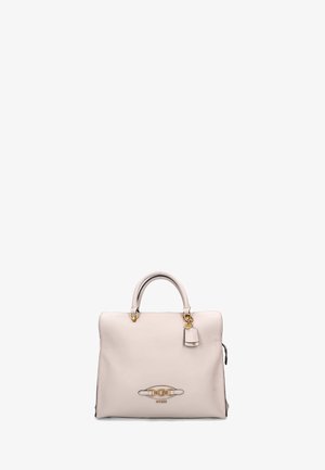 Borsa a mano in pelle beige con design strutturato, doppi manici, hardware in tonalità oro, accentuazione del logo e etichetta rimovibile. Fondo piatto per stabilità.