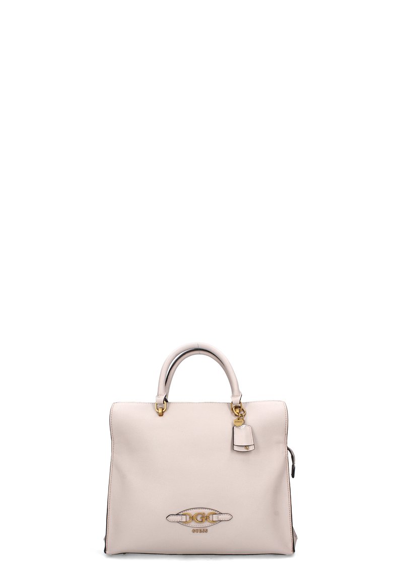 Borsa a mano in pelle beige con design strutturato, doppi manici, hardware in tonalità oro, accentuazione del logo e etichetta rimovibile. Fondo piatto per stabilità.