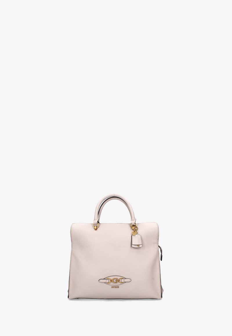 Borsa a mano in pelle beige con design strutturato, doppi manici, hardware in tonalità oro, accentuazione del logo e etichetta rimovibile. Fondo piatto per stabilità.